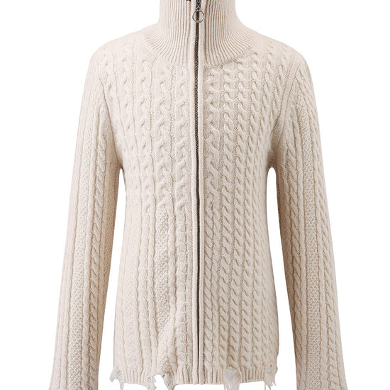 COMOBOCA Beige 100% Wool Kid's Cable Knit Turtleneck Zip Up Cardigan