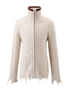 COMOBOCA Beige 100% Wool Kid's Cable Knit Turtleneck Zip Up Cardigan