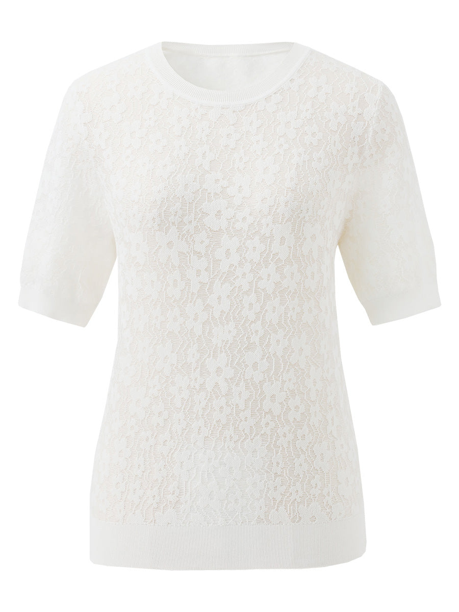 COMOBOCA Women's Cotton Silk Versatile Floral Lace Knit T-Shirt