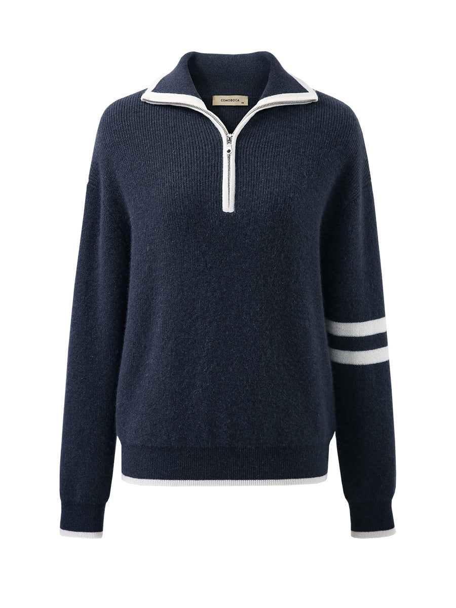 COMOBOCA 100% Cashmere Women's Contrast Trim Zip Sweater