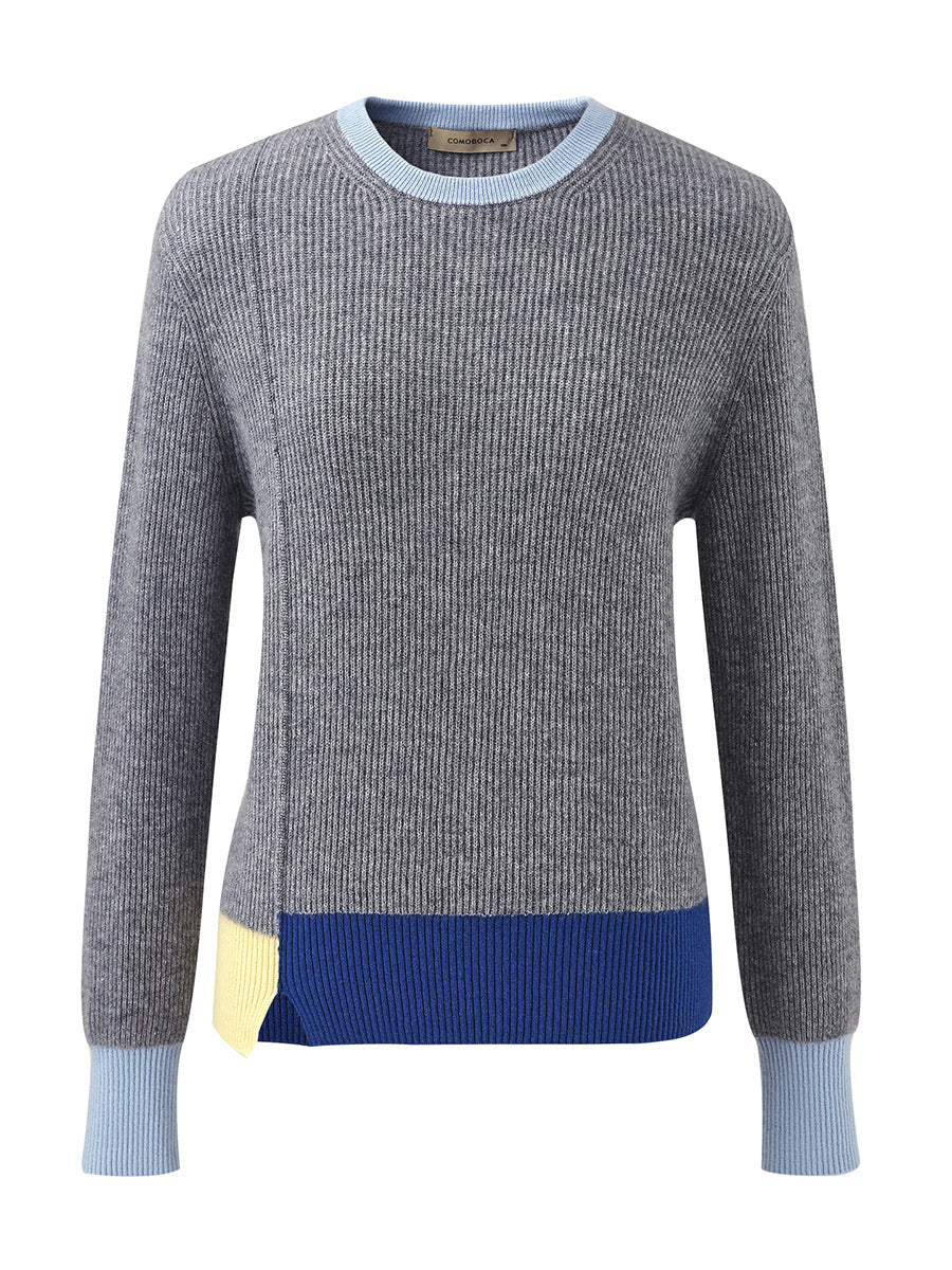 COMOBOCA 100% Cashmere Women's Color Block Ribbed Knit Sweater