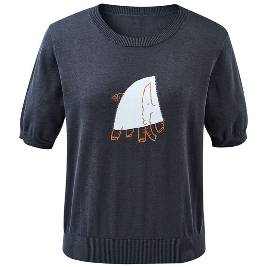 COMOBOCA Women's Elephant Intarsia Ribbed Knit T-Shirt