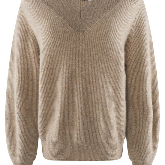 COMOBOCA 100% Cashmere Women's Lantern Sleeve V-Neck Knit Sweater