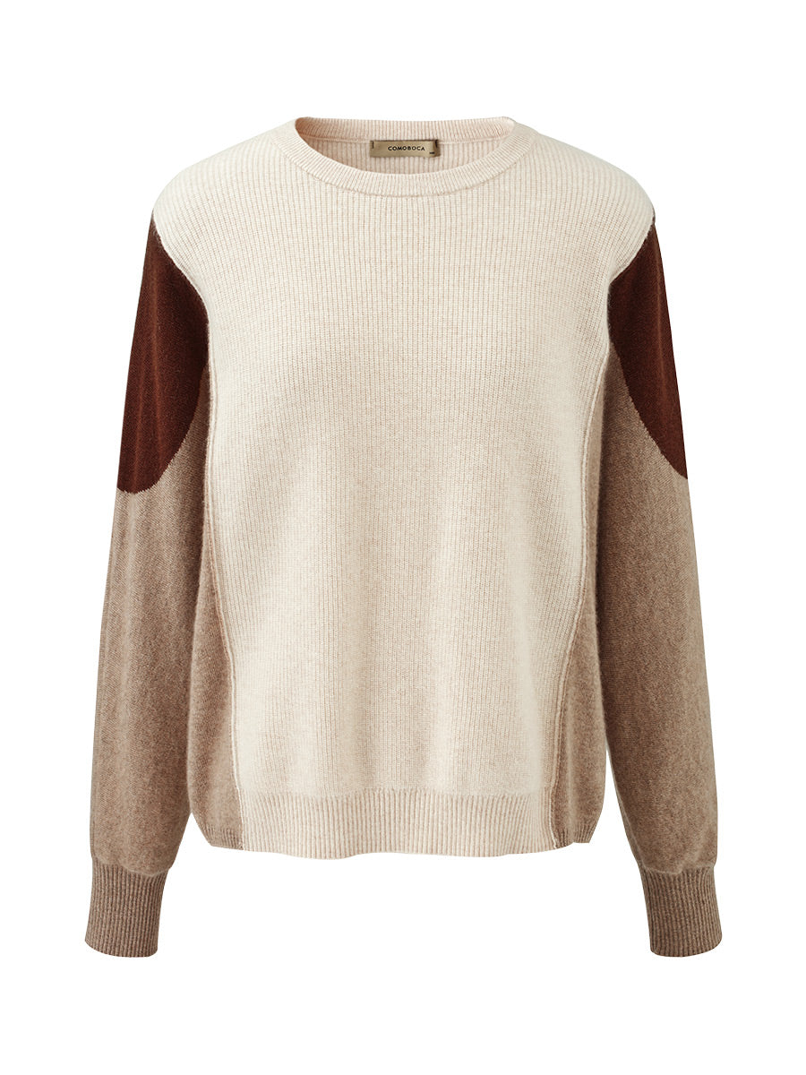 COMOBOCA 100% Cashmere Women's Color Block Round Neck Knit Sweater