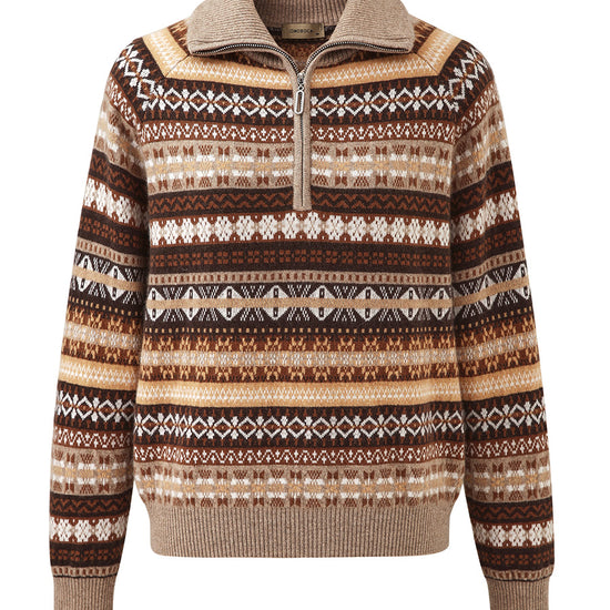 COMOBOCA 100% Cashmere Women's Fair Isle Half Zip Sweater