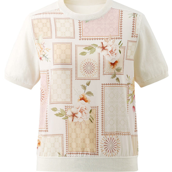 COMOBOCA Women's Mixed Print Short Sleeve Knit Top