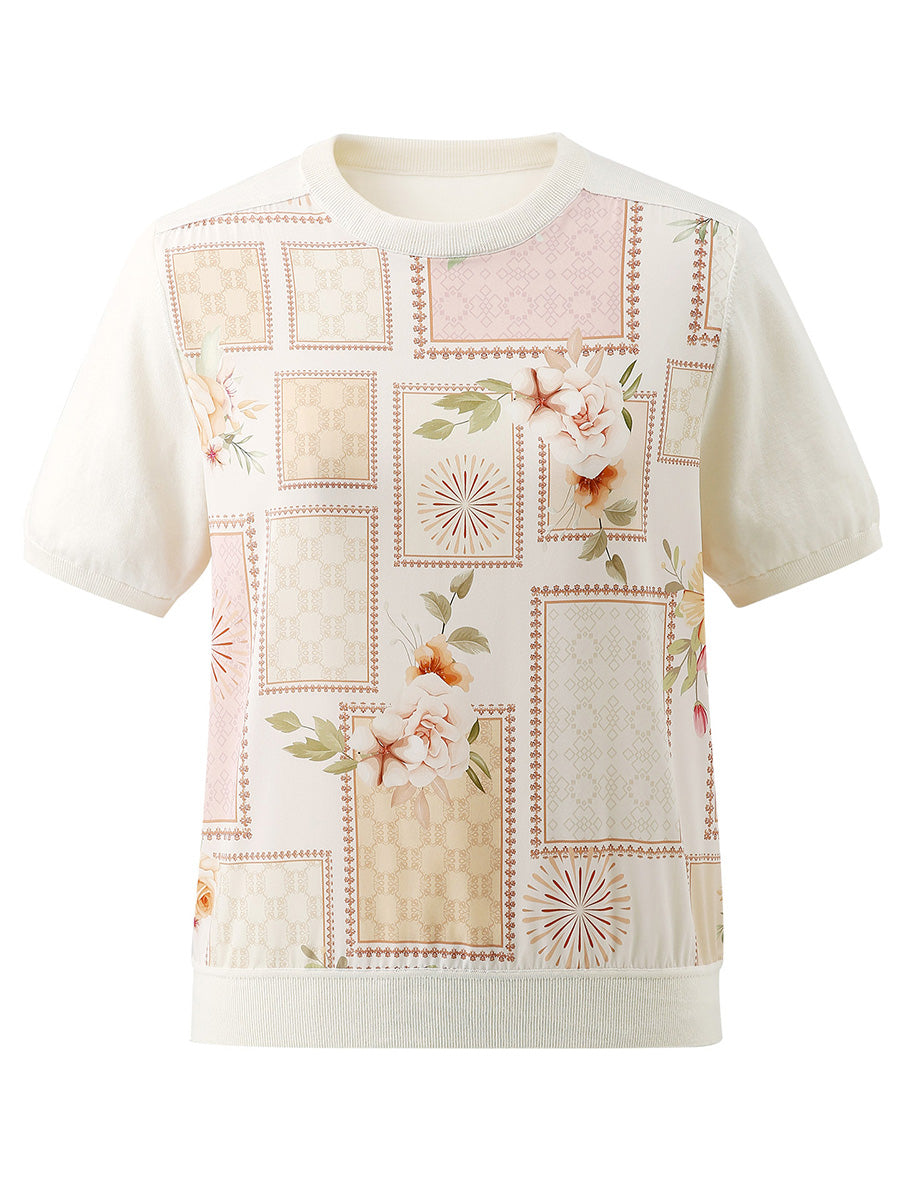 COMOBOCA Women's Mixed Print Short Sleeve Knit Top