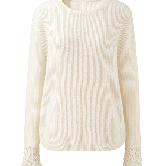 COMOBOCA 100% Cashmere Women's Ribbed Crochet Lace Cuffs Sweater