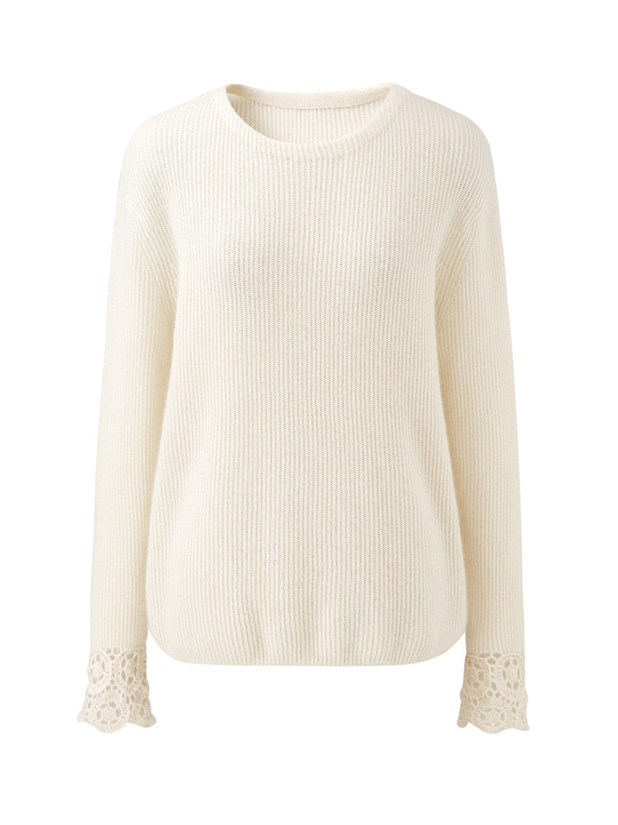 COMOBOCA 100% Cashmere Women's Ribbed Crochet Lace Cuffs Sweater