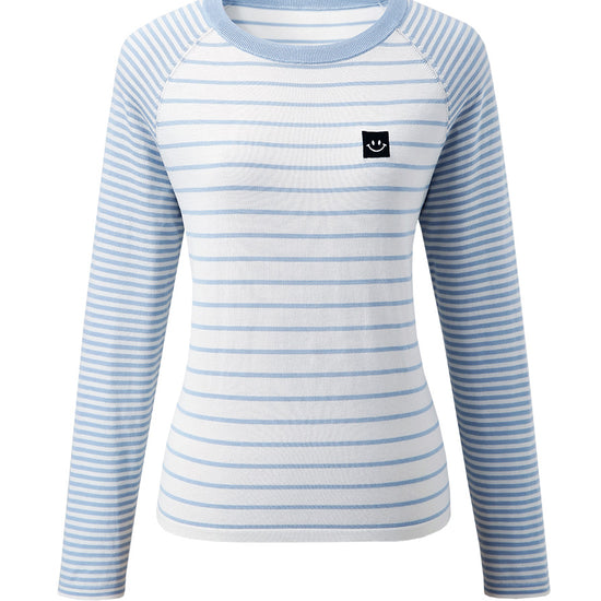 COMOBOCA Women's Cotton Silk Striped Smiley Patch T-Shirt Knit Sweater