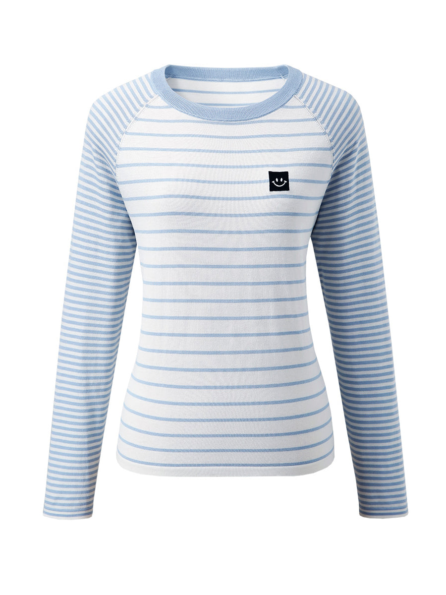 COMOBOCA Women's Cotton Silk Striped Smiley Patch T-Shirt Knit Sweater