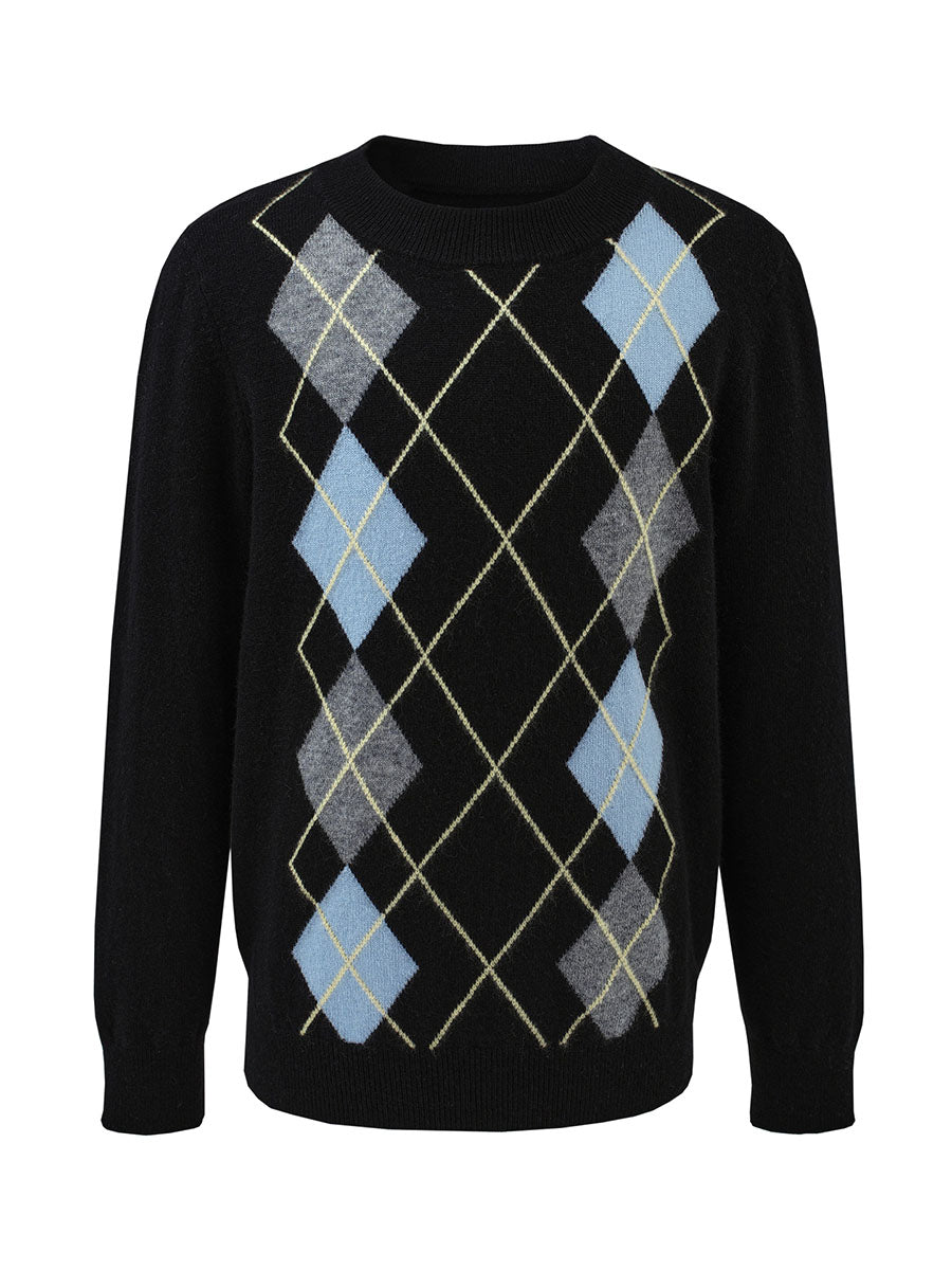 COMOBOCA 100% Wool Kids' Argyle Pattern Round Neck Sweater