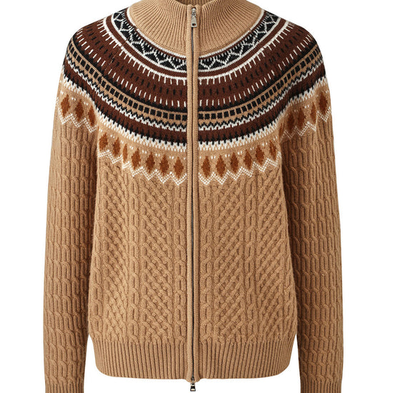 COMOBOCA 100% Wool Women's Fair Isle Zip Up Cable Knit Cardigan