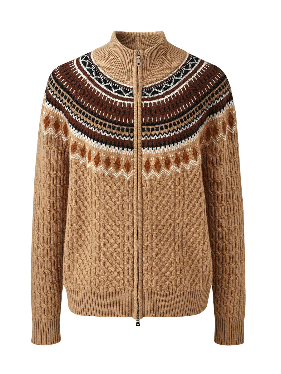 COMOBOCA 100% Wool Women's Fair Isle Zip Up Cable Knit Cardigan
