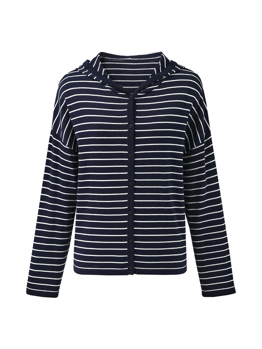 COMOBOCA Women's Striped Button Hooded Cardigan
