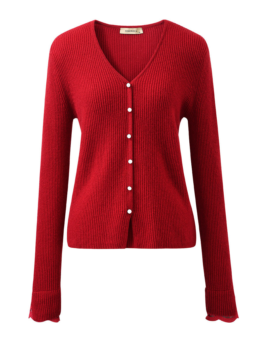 COMOBOCA 100% Cashmere Women's Faux Button Sweater with Lace Cuff