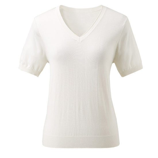 COMOBOCA Women's Lyocell V-Neck Ribbed Knit T-Shirt