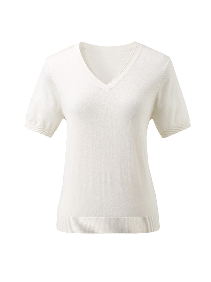 COMOBOCA Women's Lyocell V-Neck Ribbed Knit T-Shirt