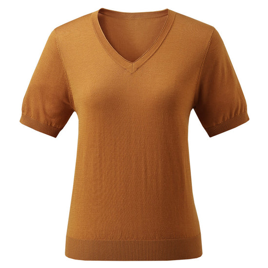 COMOBOCA Women's Lyocell V-Neck Ribbed Knit T-Shirt