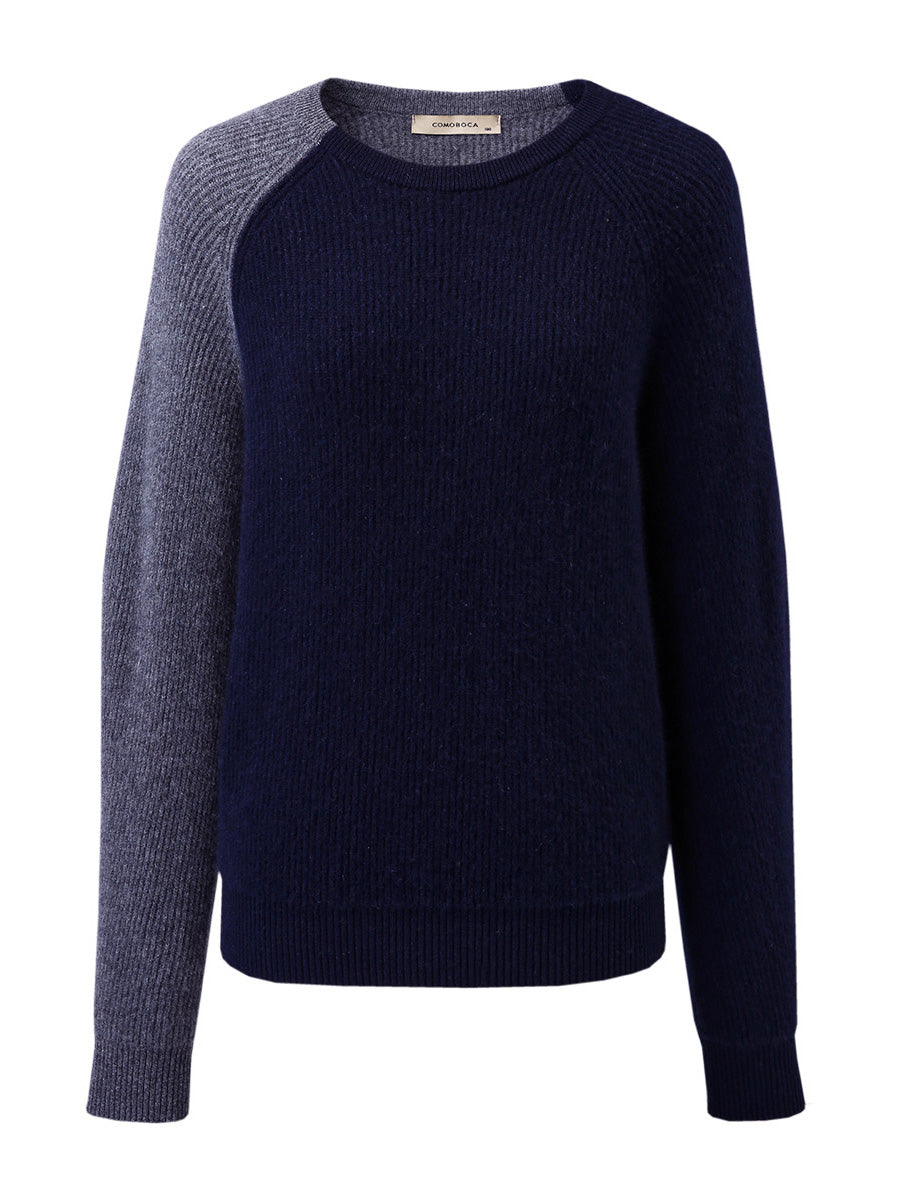 COMOBOCA Navy Blue 100% Cashmere Women's Color Block Knit Sweater
