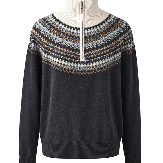 COMOBOCA 100% Wool Women's Fair Isle Zip Up Sweater