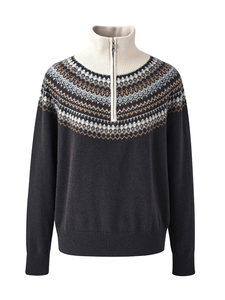 COMOBOCA 100% Wool Women's Fair Isle Zip Up Sweater
