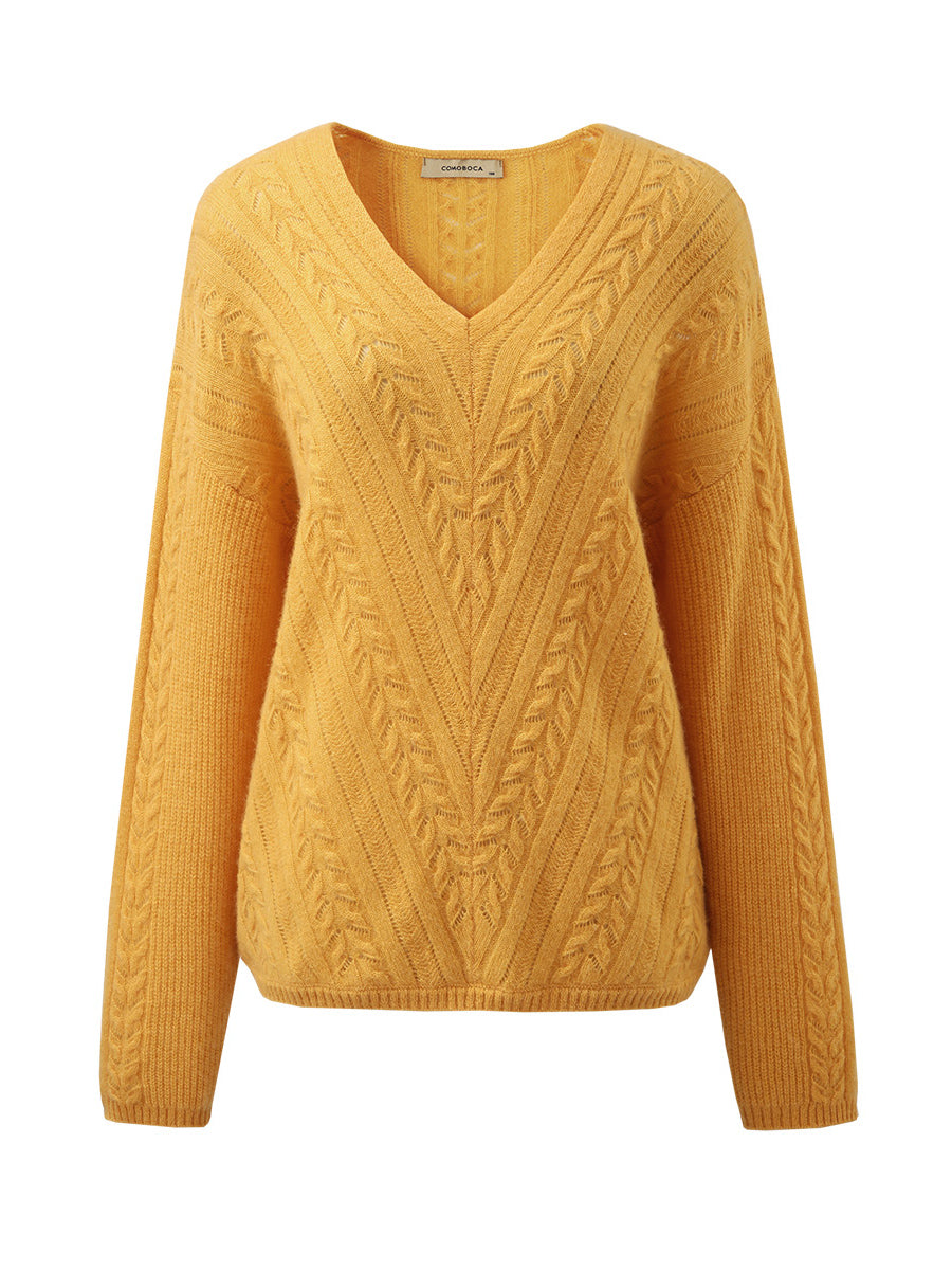 COMOBOCA 100% Cashmere Women's V-Neck Drop Shoulder Sweater