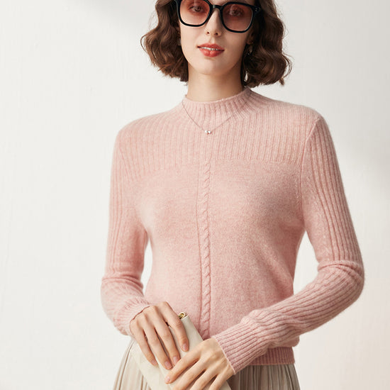 COMOBOCA PINK 100% Cashmere Women's Mock Neck Cable Knit Sweater