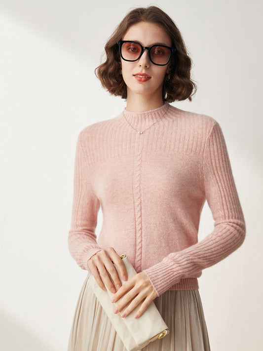 COMOBOCA PINK 100% Cashmere Women's Mock Neck Cable Knit Sweater