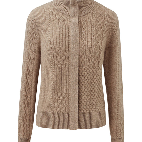 COMOBOCA 100% Cashmere Women's Cable Knit Mock Neck Zip Up Cardigan