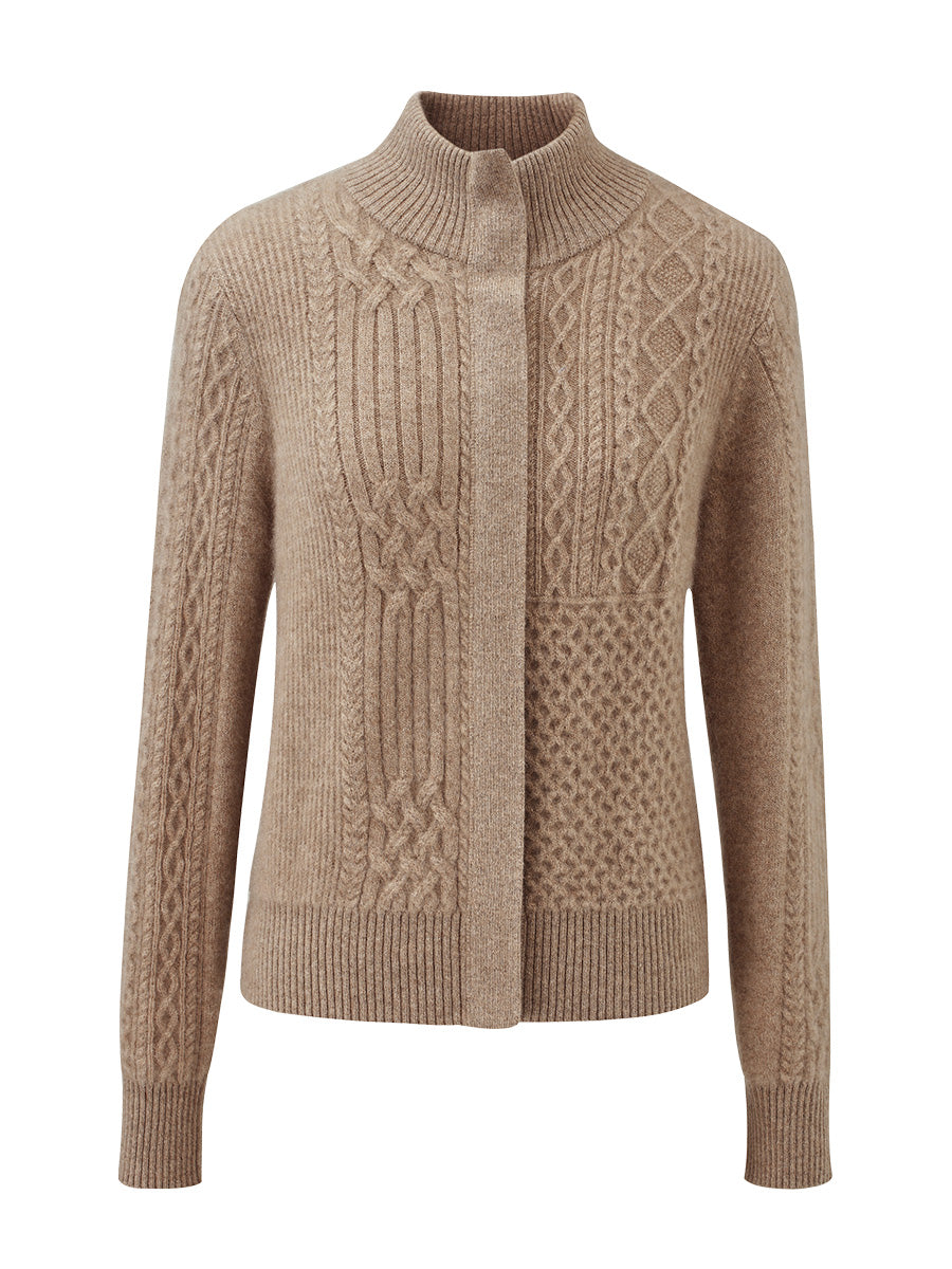 COMOBOCA 100% Cashmere Women's Cable Knit Mock Neck Zip Up Cardigan