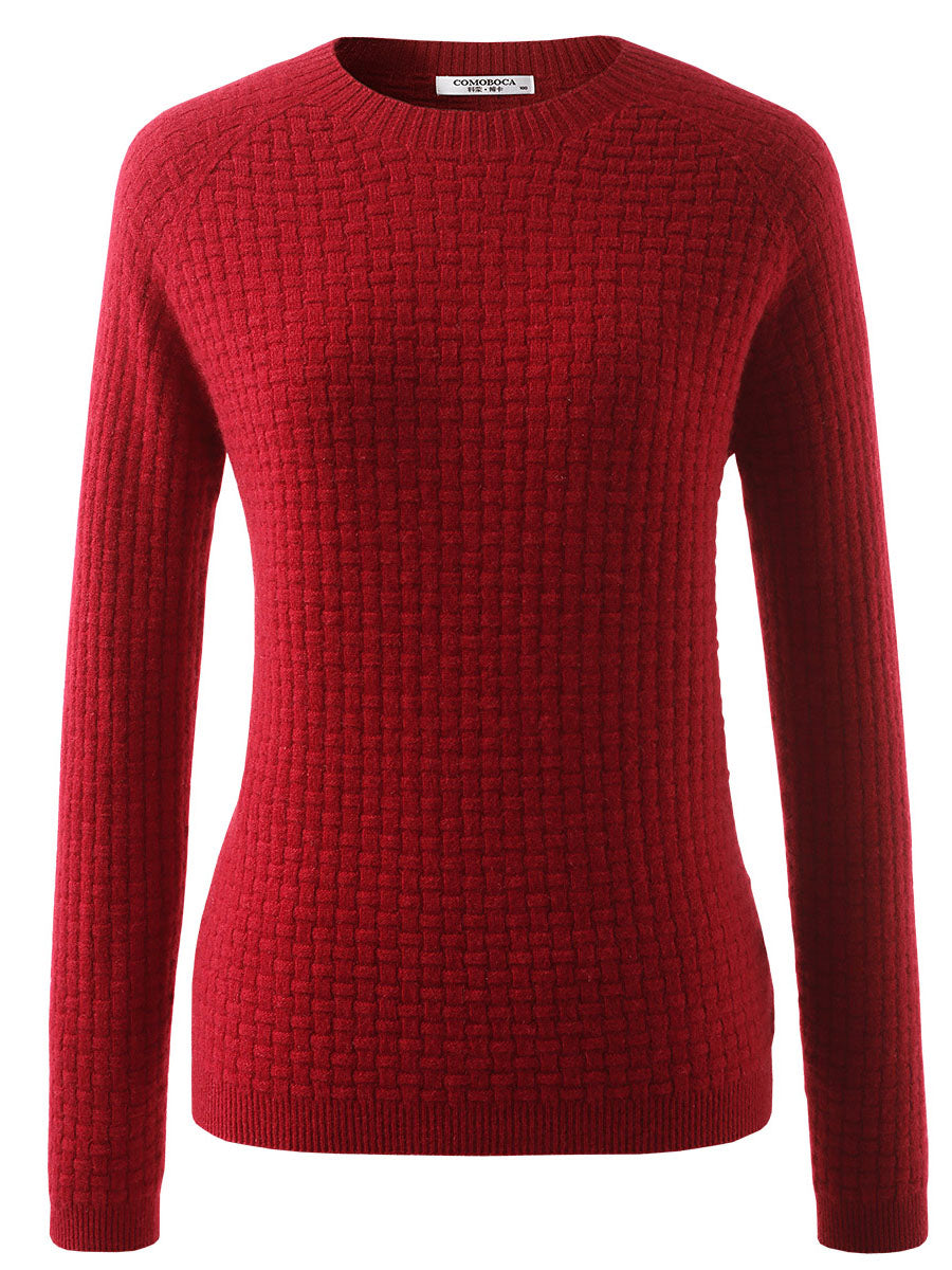 COMOBOCA Red 100% Cashmere Women's Round Neck Ribbed Knit Sweater