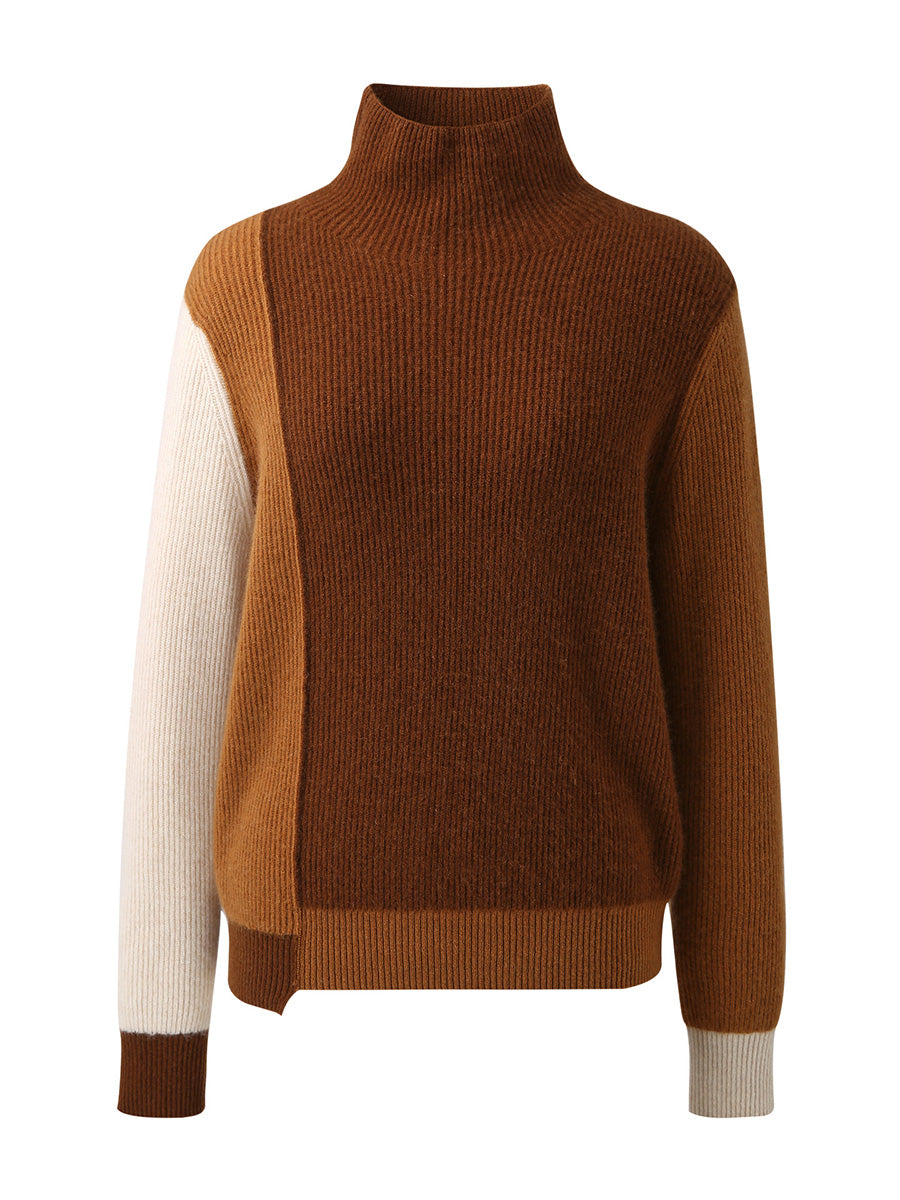 COMOBOCA 100% Cashmere Women's Color Block Turtleneck Sweater