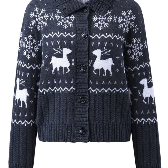 COMOBOCA 100% Wool Women's Reindeer Knit Cardigan