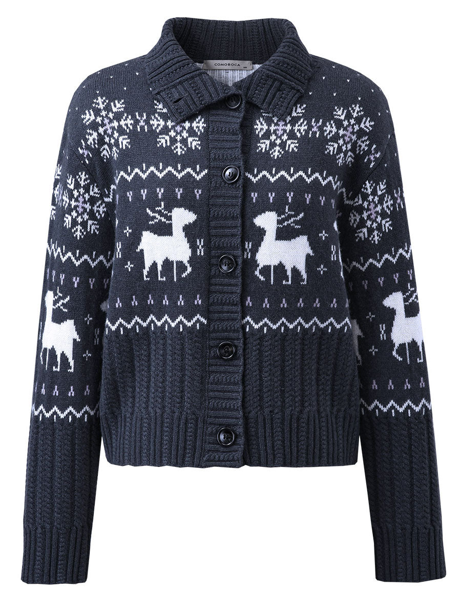 COMOBOCA 100% Wool Women's Reindeer Knit Cardigan