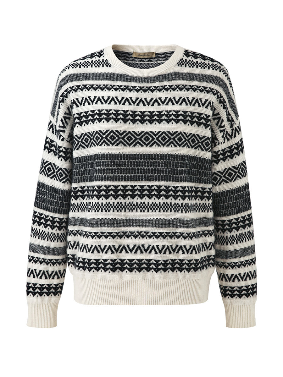 COMOBOCA 100% Cashmere Women's Fair Isle Round Neck Knit Sweater