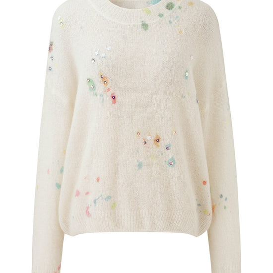 COMOBOCA Women's Sequined Floral Printed Round Neck Sweater