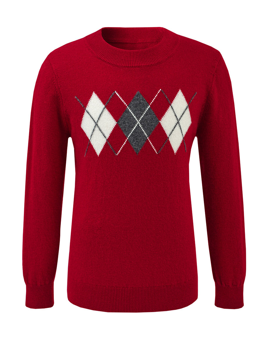 COMOBOCA 100% Wool Kids' Argyle Pattern Round Neck Sweater