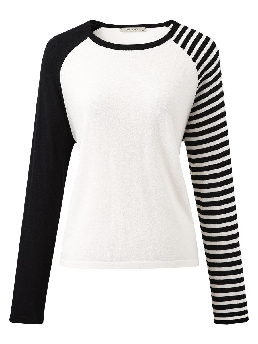 COMOBOCA 100% Wool Women's Striped Sleeve Contrast Knit Worsted Sweater