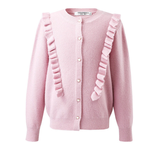 COMOBOCA 100% Wool Kids' Round Neck Heart Button Cardigan