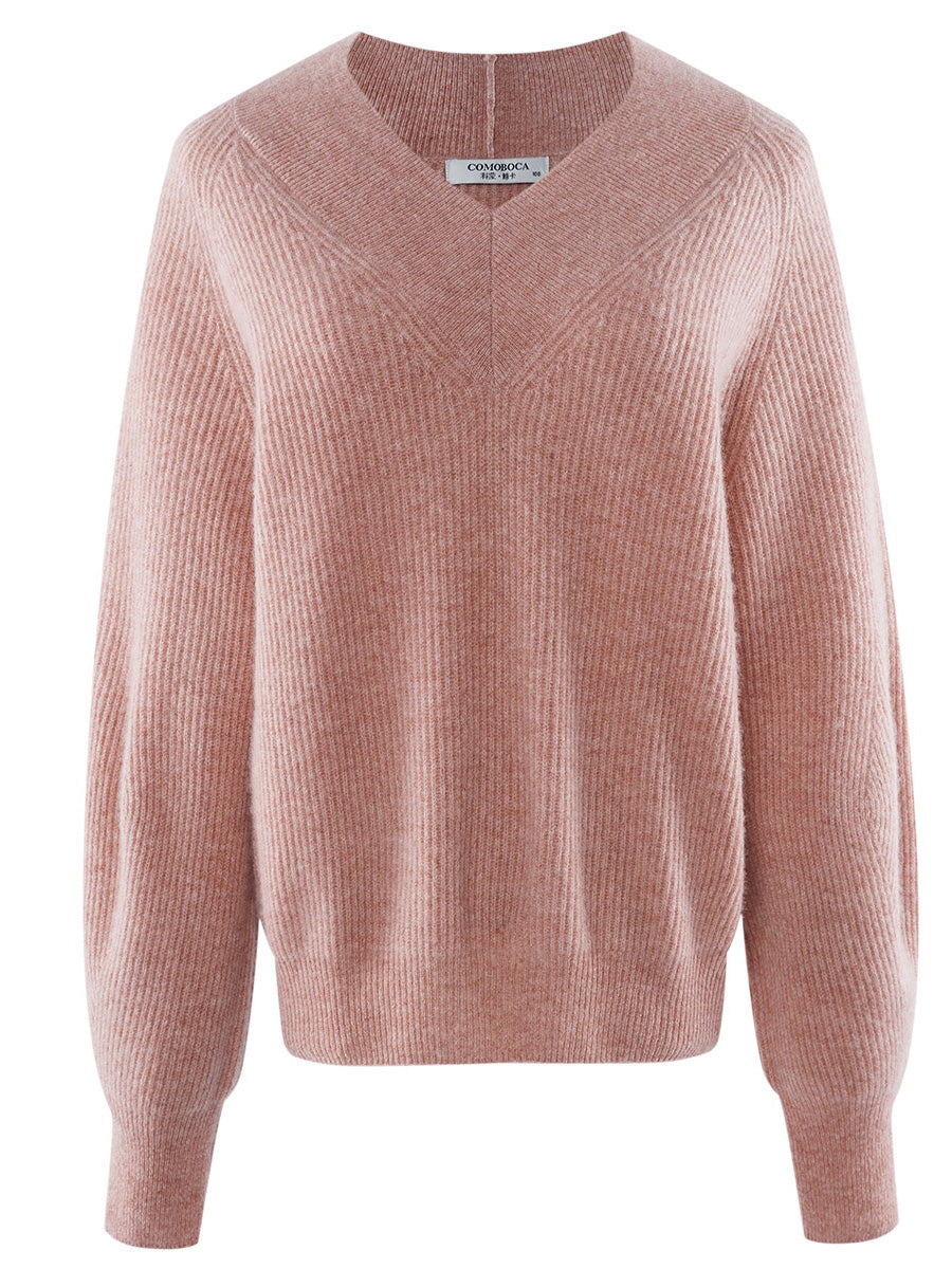 COMOBOCA 100% Cashmere Women's Lantern Sleeve V-Neck Knit Sweater