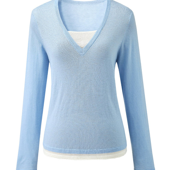 COMOBOCA Women's V-Neck Layered Knit Sweater