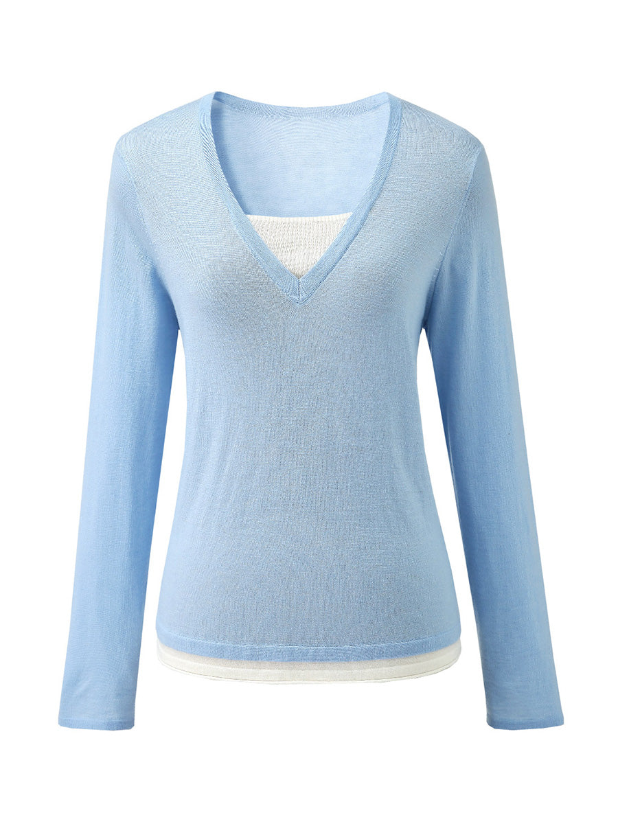 COMOBOCA Women's V-Neck Layered Knit Sweater