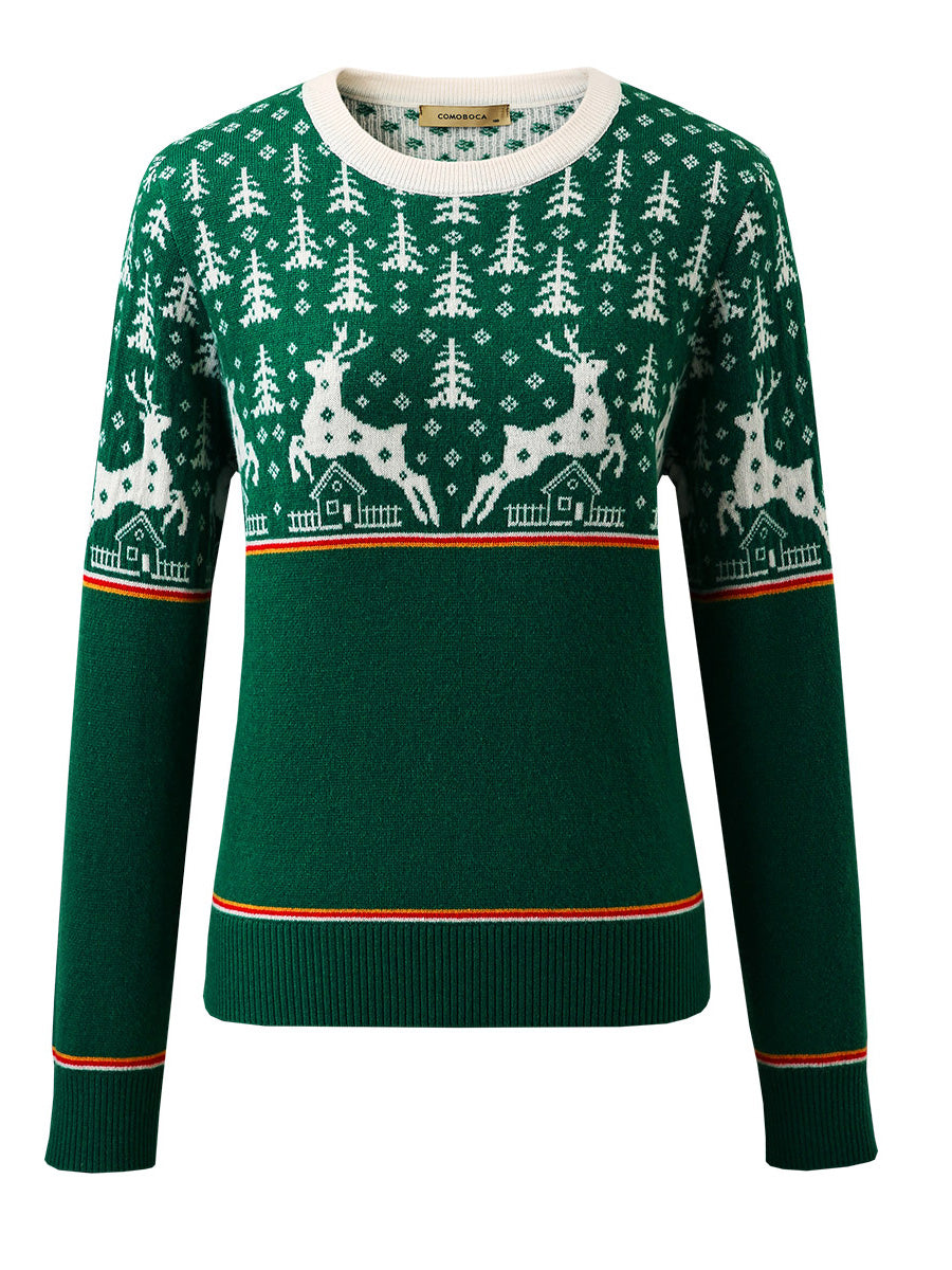 COMOBOCA 100% Wool Women's Reindeer Knit Sweater
