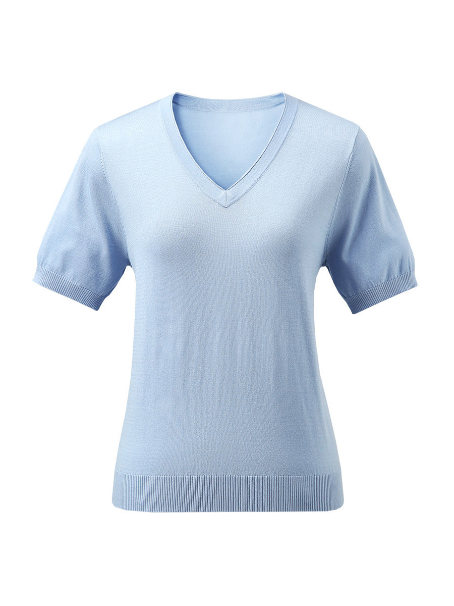 COMOBOCA Women's Lyocell V-Neck Ribbed Knit T-Shirt