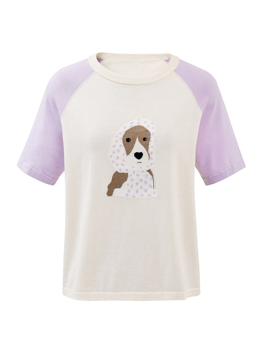 COMOBOCA Women's Puppy Intarsia Raglan Sleeve Knit T-Shirt