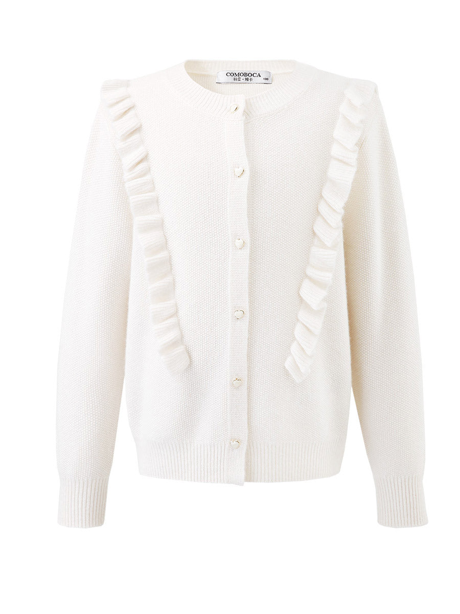 COMOBOCA 100% Wool Kids' Round Neck Heart Button Cardigan