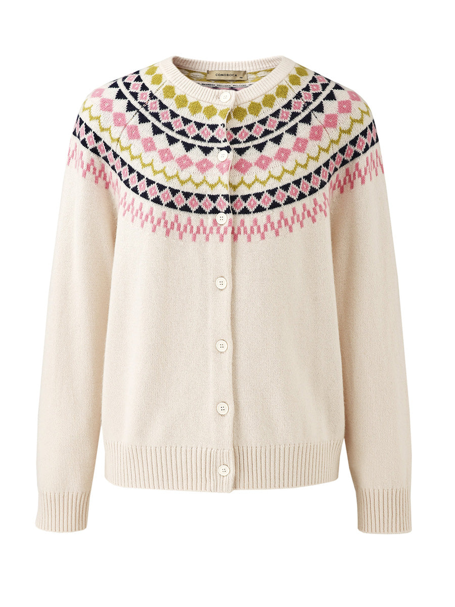 COMOBOCA 100% Wool Women's Fair Isle Inspired Button Down Cardigan