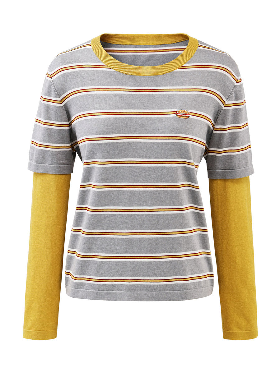 COMOBOCA Women's Layered Striped Round Neck Knit Sweater