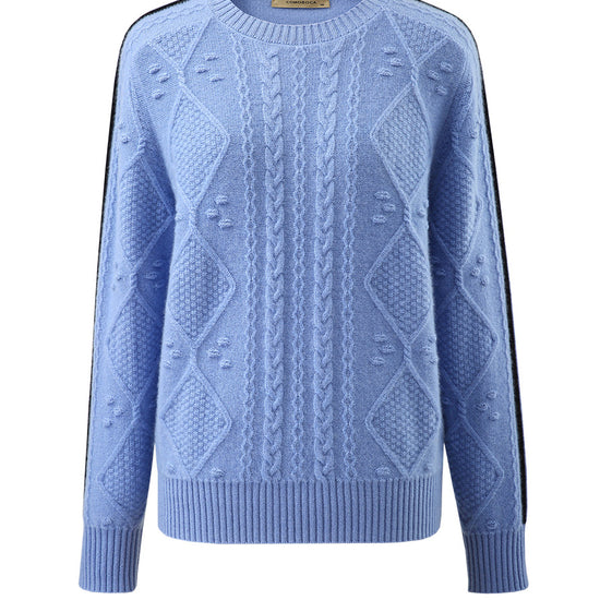 COMOBOCA Light Blue 100% Cashmere Women's Crew Neck Intarsia Knit Sweater